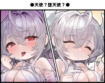 1girl ahoge azur_lane blush breasts cleavage closed_eyes closed_mouth commentary_request dress earrings grey_hair head_wings holding holding_jewelry holding_necklace jewelry large_breasts looking_at_viewer naughty_face necklace pearl_(azur_lane) pearl_earrings pearl_necklace red_eyes satogo smile solo tongue tongue_out upper_body white_dress wings