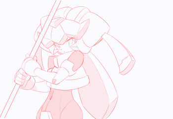 1girl armor cowboy_shot crotch_plate greyscale helmet kaidou_zx long_hair mega_man_(series) mega_man_zx model_w_(mega_man) monochrome pandora_(mega_man) red_theme simple_background solo white_background
