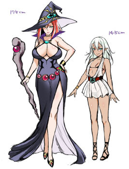 2girls aqua_eyes arms_at_sides bare_legs bare_shoulders belt bikini black_bikini black_bra black_panties blush bra bracelet breasts reference_sheet cleavage concept_art curvy dark-skinned_female dark_skin dress fang fang_out full_body green_eyes hand_on_own_hip hat height height_comparison height_difference horns jewelry large_breasts long_hair looking_at_viewer multiple_girls no_bra oni oni_horns panties pigeon-toed pleated_dress pointy_ears see-through_clothes see-through_dress shoes short_dress side_slit simple_background sketch sleeveless sleeveless_dress small_breasts staff standing swimsuit tagme underwear usagi_nagomu white_background white_dress witch witch_hat