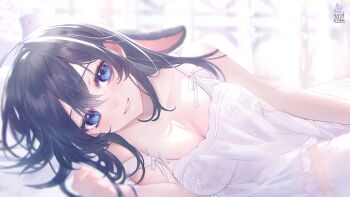 1girl absurdres animal_ears backlighting bare_arms bare_shoulders black_hair blue_eyes breasts bright_background camisole cleavage dated hair_between_eyes highres indie_virtual_youtuber kusameax5 long_hair looking_at_viewer lying medium_breasts on_side parted_lips seol_(teacuppity)_(vtuber) smile solo spaghetti_strap upper_body very_long_hair virtual_youtuber white_camisole