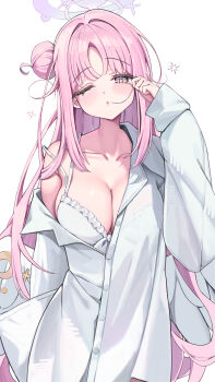 1girl ;o absurdres blue_archive blush boyfriend's_shirt breasts collarbone commentary dated_commentary dress_shirt hair_bun halo highres large_breasts long_hair long_sleeves looking_at_viewer mika_(blue_archive) one_eye_closed oversized_clothes pink_hair pipi_ya shirt simple_background single_bare_shoulder single_side_bun sleepy solo strap_slip untranslatable_commentary very_long_hair white_background white_shirt white_wings wings yellow_eyes