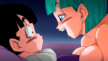 1boy 1girl age_difference assertive_female black_hair blue_eyes blunt_bangs blush breast_press breasts bulma clothed_male_nude_female dragon_ball dragonball_z earrings embarrassed eye_contact female_pervert from_side game_cg green_hair half-closed_eyes hetero imminent_penetration indoors jewelry large_breasts looking_at_another lying medium_hair naughty_face nose_blush nude on_stomach onee-shota open_mouth pervert pillow seductive_smile shota smile son_gohan spaceship teeth upper_body upper_teeth_only yamamoto_doujin
