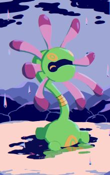 absurdres cloud cloudy_sky cradily gen_3_pokemon highres long_neck nama86 nintendo no_humans open_mouth plant pokemon pokemon_(creature) pokemon_focus puddle rain rock sky smile tentacles yellow_eyes