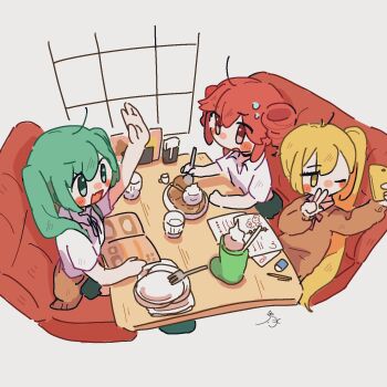 3girls ahoge akita_neru arm_up blonde_hair blush_stickers booth_seating brown_sweater cellphone chibi clothes_around_waist collared_shirt cup eraser fang fork green_eyes green_hair hatsune_miku highres holding holding_fork holding_phone homework kasane_teto komeda's_coffee long_hair looking_at_another menu multiple_girls one_eye_closed open_mouth paper phone plate red_eyes red_hair selfie shirt short_hair short_sleeves side_ponytail signature sitting skin_fang smartphone sweatdrop sweater table triple_baka_(vocaloid) twintails utau white_shirt yellow_eyes zosan_suru_zosan