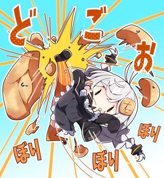 Rule 34 | 1girl, :t, absurdres, anger vein, antenna hair, black jacket, black shoes, blue background, braid, breasts, brown eyes, chibi, closed mouth, commentary request, dress, eating, floating hair, food, food request, full body, gradient background, grey dress, grey hair, highres, jacket, kicking, kizuna akari, large breasts, long hair, long sleeves, low twintails, milkpanda, mini person, minigirl, open clothes, open jacket, orange thighhighs, outline, puffy cheeks, puffy long sleeves, puffy sleeves, shirt, shoe soles, shoes, sleeves past fingers, sleeves past wrists, solid oval eyes, solo, striped clothes, striped thighhighs, thighhighs, translation request, twin braids, twintails, vertical-striped clothes, vertical-striped thighhighs, very long hair, voiceroid, white background, white outline, white shirt