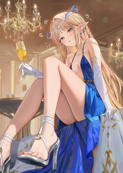 1girl alternate_costume armpit_crease bare_legs bare_shoulders blonde_hair blue_dress blue_eyes breasts bubble cartethyia_(wuthering_waves) collarbone commentary crown_of_thorns cup dress drinking_glass drunk earrings elbow_gloves evening_gown feet gloves hair_intakes high_heels highres holding holding_cup jewelry legs long_hair looking_at_viewer multiple_earrings necklace paid_reward_available parted_bangs pointy_ears ru_zhai sidelocks sitting small_breasts solo squeans tacet_mark_(wuthering_waves) thighs toes very_long_hair white_gloves wuthering_waves
