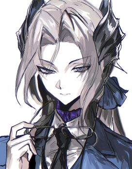 1girl absurdres alternate_costume black_necktie blue_jacket closed_mouth collared_shirt glasses grey_eyes grey_hair hair_ornament half-closed_eyes hand_up highres holding holding_removed_eyewear jacket knnsgorit^129 looking_at_viewer low_ponytail necktie ponytail portrait reverse:1999 sentinel_(reverse:1999) shirt solo suit_jacket unworn_eyewear white_background white_shirt