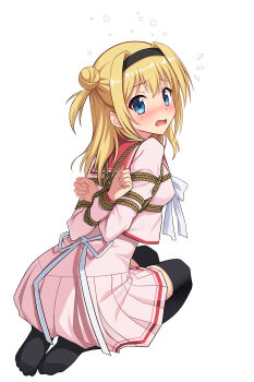1girl absurdres arms_behind_back back_bow bdsm black_hairband black_thighhighs blonde_hair blue_eyes blush bondage bound bound_arms bound_torso bow breasts chinese_commentary chitose_sana commentary_request commission embarrassed flying_sweatdrops from_behind full_body hair_between_eyes hair_bun hair_intakes hair_over_shoulder hairband highres long_hair long_sleeves looking_at_viewer looking_back meitoku miniskirt no_shoes nose_blush open_mouth partial_commentary pink_serafuku pink_shirt pink_skirt pleated_skirt red_sailor_collar revision sailor_collar school_uniform second-party_source seiza serafuku shibari shibari_over_clothes shirt sidelocks simple_background sitting skirt small_breasts solo tearing_up tenshinranman thighhighs two_side_up white_background white_bow zettai_ryouiki