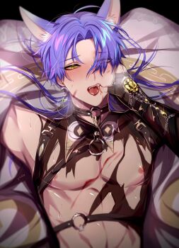 2boys animal_ear_fluff animal_ears blood blood_on_face blush earrings eye_visible_through_hair fangs fingerless_gloves fox_boy fox_ears gloves hair_over_one_eye heterochromia highres injury jewelry kuya_(nu_carnival) long_hair looking_at_viewer lying male_focus multiple_boys nipples nu_carnival open_mouth pectorals pov pov_hands purple_eyes purple_hair quincy_(nu_carnival) shirt strap strap_gap sweat teeth thumb_in_mouth tongue tongue_out torn_clothes torn_shirt upper_teeth_only yadome810 yaoi yellow_eyes