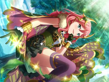 Rule 34 | 1girl, aqua eyes, bracelet, cape, dutch angle, fur trim, game cg, gloves, green cape, green gloves, green shirt, green skirt, hair between eyes, headpiece, jewelry, long hair, looking at viewer, official art, parted lips, pink hair, purple thighhighs, shirt, shoujo kageki revue starlight, shoujo kageki revue starlight -re live-, skirt, solo, thighhighs, tree, tsuruhime yachiyo, upper body