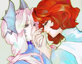 Rule 34 | 2girls, blue jacket, blue shirt, closed eyes, commentary, english commentary, face-to-face, from side, grey background, grey eyes, grey hair, hair ornament, halftone, halftone background, hand up, holding hands, jacket, koiii (ichikakoiii), looking at another, marsha (reverse:1999), multiple girls, portrait, profile, red hair, reverse:1999, sentinel (reverse:1999), shirt, short hair, yuri