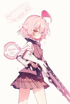 1girl beretta_1301 black_gloves blue_archive blue_eyes blue_necktie bulletproof_vest checkered_clothes checkered_skirt fingerless_gloves gloves grey_skirt grey_vest gun halo heterochromia highres holding holding_gun holding_weapon hoshino_(blue_archive) hoshino_(first_year)_(blue_archive) kasuga_haruhi looking_at_viewer medium_hair necktie official_alternate_costume official_alternate_hair_length official_alternate_hairstyle pink_hair pink_halo shirt shotgun simple_background skirt solo thighs vest weapon white_background white_shirt yellow_eyes
