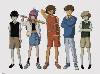 1990s_(style) 1girl 4boys antenna_hair arm_behind_head arm_up aubrey_(faraway)_(omori) aubrey_(omori) baseball_bat basil_(faraway)_(omori) basil_(omori) black_eyes black_hair black_shoes black_socks black_sweater_vest blonde_hair blue_eyes blue_hairband blue_shoes blue_skirt blue_sweater blush book bright_pupils brothers brown_shorts closed_eyes closed_mouth collarbone collared_shirt crop_top dark-skinned_male dark_skin denim denim_skirt flower green_sweater_vest grey_background grey_pants grin hair_flower hair_ornament hairband hero_(faraway)_(omori) hero_(omori) highres holding holding_baseball_bat holding_book jacket kel_(faraway)_(omori) kel_(omori) long_hair long_sleeves looking_at_viewer multiple_boys nail_(hardware) nail_bat navel omori one_eye_closed open_mouth orange_shoes orange_shorts pants pink_hair retro_artstyle sapgoon shirt shoes short_hair short_sleeves shorts siblings sidelocks simple_background skirt smile sneakers socks sunny_(omori) sweater sweater_vest teeth white_jacket white_pupils white_shirt white_socks