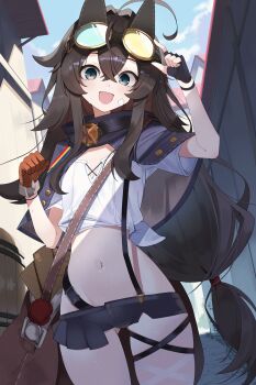 1girl absurdres adjusting_eyewear ahoge asymmetrical_gloves bag belt black_belt black_gloves black_hair black_shorts blue_sky breasts brown_bag brown_gloves building buttons capelet cleavage cloud commentary criss-cross_straps crop_top crossed_bangs day dutch_angle envelope fingerless_gloves gauze gauze_on_cheek gloves gluteal_fold goggles goggles_on_head grey_eyes groin hair_between_eyes hair_intakes hand_up highres huge_ahoge long_hair looking_at_viewer low-tied_long_hair mail mellow_kaede mismatched_gloves navel open_mouth outdoors shirt short_shorts short_sleeves shorts shoulder_bag single_fingerless_glove sky smile solo standing star_(symbol) stella_sora strap sweat teresa_(stella_sora) thighs very_long_hair wax_seal wrist_straps