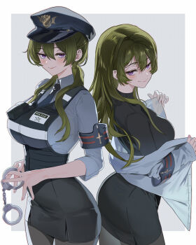 1girl absurdres black_dress black_pantyhose blue_shirt blush breasts cuffs dress green_hair handcuffs highres jacket jmx_(j_m_x) large_breasts long_hair looking_at_viewer multiple_views pantyhose pencil_skirt police police_uniform policewoman purple_eyes shirt short_sleeves skirt sousou_no_frieren ubel_(sousou_no_frieren) walkie-talkie