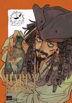 Rule 34 | 1boy, bags under eyes, bandana, beads, bird, black hair, border, bottle, braid, braided beard, commentary request, cyberpumpkinpie, dreadlocks, facial hair, fish, grey eyes, grey shirt, hair beads, hair ornament, happy, hat, highres, holding, holding bottle, jack sparrow, looking at viewer, male focus, mustache, orange border, parted lips, pirates of the caribbean, red bandana, shirt, sign, tricorne, twitter username, upper body, white background