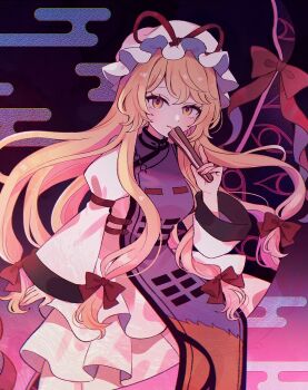 Rule 34 | 1girl, blonde hair, bow, closed mouth, commentary, dress, egasumi, folded fan, folding fan, frilled dress, frills, gap (touhou), hair bow, hand fan, hat, hat ribbon, highres, long hair, long sleeves, mob cap, mozukuzu (manukedori), multiple hair bows, purple tabard, red bow, ribbon, smile, solo, tabard, touhou, very long hair, white dress, white hat, wide sleeves, yakumo yukari, yellow eyes