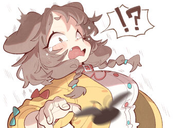 ! !? 1girl ? animal_ears braid brown_eyes cocomayo29_(tomato) collar commentary dog_ears dog_girl dress fang hololive inugami_korone inugami_korone_(1st_costume) jacket looking_at_viewer medium_hair open_mouth red_collar skin_fang spoken_exclamation_mark spoken_question_mark symbol-only_commentary twin_braids virtual_youtuber white_background white_dress yellow_jacket