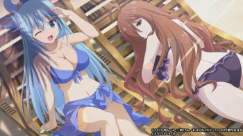 2girls aqua_(konosuba) ass beach_chair bikini blue_eyes blue_hair breasts brown_eyes brown_hair crossed_arms kono_subarashii_sekai_ni_shukufuku_wo! large_breasts long_hair looking_back lying multiple_girls official_art on_stomach one_eye_closed sand sitting swimsuit very_long_hair wiz_(konosuba)