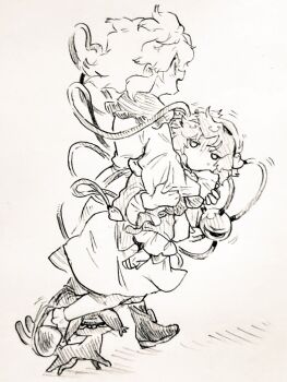 Rule 34 | 2girls, animalization, boots, carrying, carrying person, cat, collared shirt, commentary request, eyeball, frilled shirt collar, frilled sleeves, frills, hair ornament, hairband, heart, heart hair ornament, heart of string, kaenbyou rin, kaenbyou rin (cat), komeiji koishi, komeiji satori, long sleeves, menotama, multi-source commentary, multiple girls, multiple tails, no headwear, open mouth, shirt, siblings, sisters, skirt, slippers, smile, socks, tail, third eye, touhou, traditional media, two tails, wide sleeves