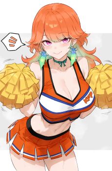 1girl absurdres alternate_costume bluefield breasts cheerleader cleavage closed_mouth commentary earrings feather_earrings feathers gradient_hair highres holding holding_pom_poms hololive hololive_english jewelry large_breasts looking_at_viewer miniskirt multicolored_hair navel orange_hair pleated_skirt pom_pom_(cheerleading) pom_poms purple_eyes skirt smile solo takanashi_kiara virtual_youtuber