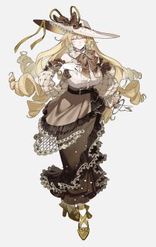 1girl absurdres bare_shoulders blonde_hair bow breasts closed_eyes commentary_request curvy drill_hair elbow_gloves gloves grey_background hand_on_own_chest hat high_heels highres io_(ooioo) large_breasts long_hair long_skirt original simple_background skirt smile solo white_gloves