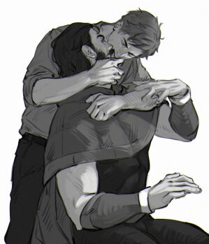 2boys arm_around_shoulder arm_hair arms_up belt bracer cape closed_eyes commentary dispatch facial_hair greyscale highres kiss limach-an male_focus monochrome multiple_boys pants phenomaman robert_robertson shirt short_hair simple_background sitting sleeves_rolled_up standing symbol-only_commentary white_background yaoi