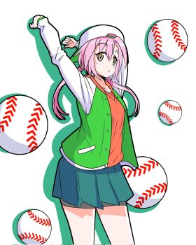 1girl :o arms_up ball baseball_(object) baseball_cap bike_shorts black_shorts brown_eyes drilljapan green_jacket green_skirt hair_between_eyes hat highres jacket jikkyou_powerful_pro_yakyuu kawahoshi_homura long_hair looking_at_viewer low_twintails multicolored_jacket open_clothes open_jacket pink_hair red_shirt shirt shorts skirt solo twintails white_jacket