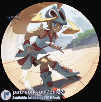 1girl black_border blonde_hair blue_eyes boots border breasts commentary day dress eyelashes fingerless_gloves gloves grin hair_between_eyes helmet high_ponytail korrina_(pokemon) long_hair nintendo orlek outdoors patreon_logo pokemon pokemon_xy ponytail roller_skates round_border skates skating sleeveless sleeveless_dress smile solo teeth watermark web_address white_boots white_dress white_gloves