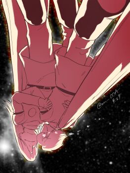 Rule 34 | 2boys, belt, big nose, black belt, black boots, boots, cm ooa, coat, crying, cyborg, cyborg 009, falling, hair over one eye, highres, jet link, long hair, looking down, multiple boys, pants, red coat, red pants, scarf, shimamura joe, short hair, space, spoilers, streaming tears, tears