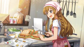 1girl :d apron blue_eyes book bowl braid bread_knife brown_hair cookbook counter electrical_outlet food game_cg headscarf holding idolmaster idolmaster_million_live! idolmaster_million_live!_theater_days kitchen_knife knife kousaka_umi official_art open_book open_mouth picnic_basket pill_bottle plate sandwich satake_minako sink smile solo spatula taped_note upper_body