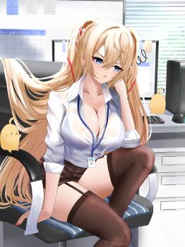 &gt;_&lt; 1girl ? absurdres azur_lane black_garter_straps blonde_hair blue_eyes bra_visible_through_clothes breasts brown_skirt brown_thighhighs chair cleavage commentary_request computer_keyboard computer_mouse feet_out_of_frame garter_straps gorizia_(azur_lane) hair_between_eyes hair_ribbon hand_in_own_hair highres indoors large_breasts long_hair long_sleeves manjuu_(azur_lane) miniskirt monitor office_chair office_lady partially_unbuttoned plaid_clothes plaid_skirt red_ribbon rei_tuki ribbon shirt shirt_tucked_in sitting skirt solo swivel_chair thighhighs very_long_hair white_shirt window window_blinds wing_collar zettai_ryouiki