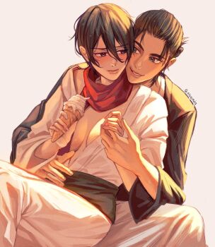 1boy 1girl abglmdg arm_around_waist black_kimono blush breasts cleavage closed_mouth couple eren_yeager facial_scar grey_background hair_between_eyes hair_bun hetero highres holding holding_hands holding_ice_cream_cone hug hug_from_behind ice_cream_cone japanese_clothes kimono looking_at_another medium_breasts medium_hair mikasa_ackerman open_clothes open_kimono parted_lips red_scarf scar scar_on_cheek scar_on_face scarf shingeki_no_kyojin short_hair smile twitter_username updo upper_body white_kimono