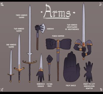 axe brown_background dagger english_text greatsword hammer highres huffslove knife mace no_humans object_focus original pun simple_background sword too_literal war_hammer weapon