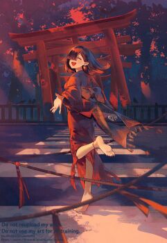 1girl :d ^_^ artist_name asymmetrical_bangs barefoot black_hair bow closed_eyes commentary_request full_body hair_over_one_eye highres japanese_clothes kimono long_hair open_mouth original smile soles solo torii toumin_(onemunemu99) twitter_username watermark web_address