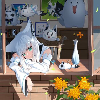 1girl absurdres ahoge animal_ear_fluff animal_ears braid chair chest_of_drawers commentary_request detached_sleeves earrings fox_ears fox_girl fubuchun fubuzilla_(shirakami_fubuki) green_eyes hair_between_eyes highres hololive hood hoodie jewelry jhsang1996 leaning_forward long_hair looking_at_viewer miteiru_(shirakami_fubuki) nejima_kitsune_(shirakami_fubuki) open_window shirakami_fubuki shirakami_fubuki_(1st_costume) sidelocks single_braid sukonbu_(shirakami_fubuki) virtual_youtuber white_hair white_hoodie window