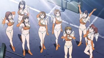 angel_wings anime_screenshot ass bikini breasts collar crop_top elbow_gloves gloves hamazaki_moe kurihara_kyoko makeup medium_breasts mf_ghost multiple_girls panties race_queen saionji_ren sato_mami sawamura_marie solo stitched swimsuit third-party_edit underwear white_panties wings
