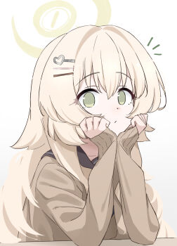 1girl blonde_hair blue_archive elbows_on_table green_eyes hair_ornament hairclip highres long_hair looking_at_viewer makura_u9b notice_lines professor_niyaniya_(blue_archive) sleeves_past_wrists solo white_background