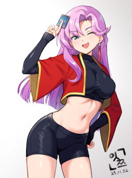 1girl ;d alcmls1230 arm_up bike_shorts black_shirt black_sleeves blue_eyes blunt_ends breasts card cardfight!!_vanguard cardfight!!_vanguard_divinez commentary covered_collarbone cowboy_shot crop_top cropped_shirt dated detached_sleeves earrings groin hair_between_eyes hand_on_own_hip holding holding_card inabe_nao jewelry large_breasts long_hair looking_at_viewer midriff navel one_eye_closed open_clothes open_mouth open_shirt parted_bangs purple_hair red_shirt shirt sidelocks signature simple_background single_earring skindentation sleeves_past_wrists smile solo standing swept_bangs tassel tassel_earrings taut_clothes taut_shirt trading_card variant_set white_background wide_sleeves