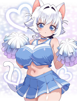 1girl absurdres animal_ear_fluff animal_ears bare_arms bare_shoulders bilingual_commentary blue_choker blue_eyes blue_skirt blush breasts cat_ears cat_girl cat_tail cheerleader choker closed_mouth commentary covered_erect_nipples cowboy_shot crop_top english_commentary erigo hair_intakes heart highres holding holding_pom_poms kimi_no_koto_ga_dai_dai_dai_dai_daisuki_na_100-nin_no_kanojo large_breasts looking_at_viewer midriff mixed-language_commentary navel nekonari_tama pleated_skirt pom_pom_(cheerleading) pom_poms short_hair simple_background skirt solo tail white_hair