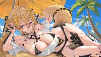 1girl absurdres beach bikini blonde_hair blue_sky blush breasts chain choker cleavage cloud collar commentary cross earrings english_commentary glasses heart highres jewelry lying mila_(milaart12) milltina_(vrchat) multiple_rings necklace ocean original outdoors palm_tree purple_eyes ring sand sennievrc shirt side-tie_bikini_bottom sign signature sky smile solo stomach swimsuit tail tattoo tree twintails umbrella v vrchat watermark