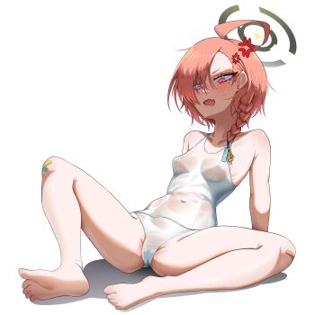 1girl absurdres ahoge bandaid bandaid_on_knee bandaid_on_leg barefoot blue_archive blush breasts commentary halo highres neru_(blue_archive) one-piece_swimsuit open_mouth orange_hair school_swimsuit see-through_clothes shirokami_da sitting small_breasts swimsuit thighs