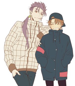 Rule 34 | 2boys, black hat, black pants, blue jacket, blue pants, blush, brown hair, buttons, checkered clothes, checkered jacket, cigarette, closed eyes, closed mouth, commentary request, cowboy shot, cu chulainn (caster) (fate), cu chulainn (fate), earrings, fate/grand order, fate (series), fingernails, fujimaru ritsuka (male), hair between eyes, hair ornament, hair tubes, hand in pocket, hands in pockets, hat, highres, jacket, jewelry, long hair, long sleeves, looking at viewer, low ponytail, male focus, multiple boys, pants, peaked cap, ponytail, puffy long sleeves, puffy sleeves, purple hair, red eyes, ryousuke (tukr5384), short hair, simple background, single hair tube, smile, standing, teeth, white background, white jacket, zipper