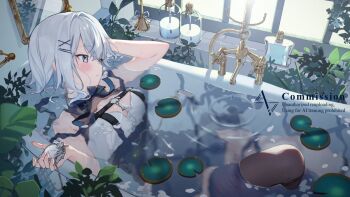 Rule 34 | 1girl, bare arms, bare shoulders, bathtub, black overalls, black ribbon, black skirt, black thighhighs, bottle, breasts, cleavage, clothed bath, commentary request, commission, faucet, grey eyes, grey hair, in bathtub, indie virtual youtuber, large breasts, leaf, lily pad, marimo ke, mirror, neck ribbon, overall skirt, overalls, partially submerged, ribbon, shampoo bottle, shirt, short hair, single thighhigh, skeb commission, skirt, sleeveless, sleeveless shirt, solo, summer snow (vtuber), thighhighs, virtual youtuber, water, white shirt