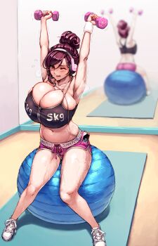 1girl alternate_hair_length alternate_hairstyle armpits arms_up artist_name ball beats_by_dr._dre beryl_(junkpuyo) blue_eyes blush body_heat breasts bursting_breasts cable cellphone cleavage collarbone commentary curvy dumbbell exercise_ball exercising female_focus full_body gym hairband heavy_breathing highres huge_breasts inconvenient_breasts indoors junkpuyo listening_to_music midriff mirror navel nervous_sweating one_eye_closed original phone purple_hair reflection shoes short_hair short_shorts shorts sitting smartphone sneakers solo spaghetti_strap sports_bra sweat sweatband swept_bangs thighs trembling updo weight wince wristband zipper