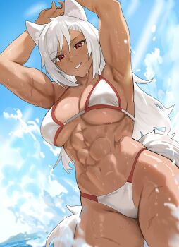 1girl abs absurdres animal_ear_fluff animal_ears armpits arms_behind_head arms_up bikini borrowed_character breasts commission dark-skinned_female dark_skin day grin highleg highleg_bikini highres large_breasts long_hair looking_at_viewer muscular muscular_female navel noras ocean original outdoors parted_lips red_eyes scar scar_on_arm scar_on_face scar_on_nose scar_on_stomach scar_on_thighs smile solo splashing stomach swimsuit tail tan underboob very_long_hair water white_bikini white_hair wolf_ears wolf_girl wolf_tail