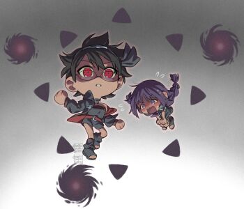 2girls ariamikukanzaki black_choker black_dress black_hair black_hairband black_hole black_jacket black_shorts black_socks black_tube_top blush boruto:_two_blue_vortex braid chibi choker clothes_pull commentary dress dress_pull english_commentary film_grain floating flying_sweatdrops forehead_protector glasses gradient_background hairband jacket kakei_sumire loose_socks low_twin_braids mangekyou_sharingan multiple_girls naruto_(series) open-toe_shoes purple_eyes purple_hair red_eyes sharingan short_hair short_shorts shorts socks strapless tube_top twin_braids uchiha_sarada v-shaped_eyebrows watermark