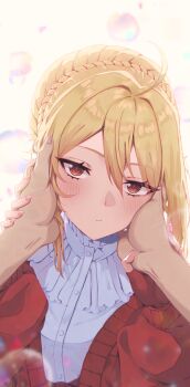 Rule 34 | 1girl, angelica rapha redgrave, blonde hair, blush, braid, bun with braided base, close-up, commission, crown braid, eyelashes, fingerless gloves, fingernails, gloves, hair between eyes, hair bun, hand on another's cheek, hand on another's face, hands up, highres, holding hands, kryto arts, long fingernails, long sleeves, looking at viewer, medium hair, nail polish, otome game sekai wa mob ni kibishii sekai desu, pink nails, pixiv commission, pov, pov hands, red eyes, solo focus, upper body