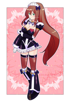 1girl absurdres black_dress border breasts brown_hair cleavage dress high_ponytail highres iris_(mega_man) large_breasts long_hair maid maid_day maid_headdress mega_man_(series) mega_man_x_(series) mega_man_x_dive pink_background ponytail rikka_(user_hruv2435) short_dress solo white_border