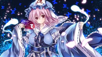 1girl artistic_error black_ribbon blue_background blue_butterfly blue_hat blue_sash blurry blush breasts bug butterfly commentary_request depth_of_field folding_fan ghost glowing glowing_petals hand_fan hat highres holding holding_fan insect large_breasts light_particles long_sleeves medium_hair mob_cap moriyama_bird parted_lips petals pink_eyes pink_hair pink_petals ribbon saigyouji_yuyuko sash solo touhou triangular_headpiece upper_body veil white_veil